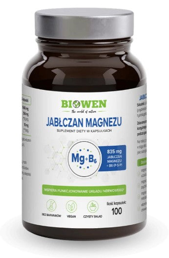 Jabłczan magnezu 835 mg z witaminą B6 (P-5-P) 100 kaps. BIOWEN