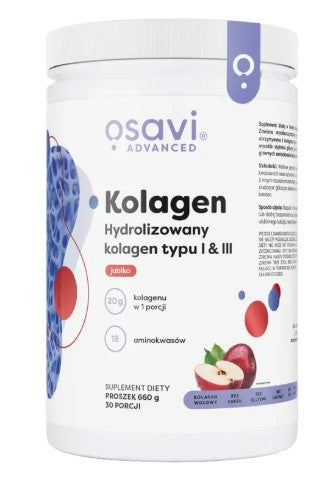 Kolagen Hydrolizowany typu I & III, proszek 660g, smak jabłkowy, OSAVI