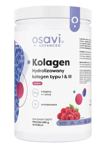 Kolagen Hydrolizowany typu I & III, proszek 660g, smak malinowy, OSAVI