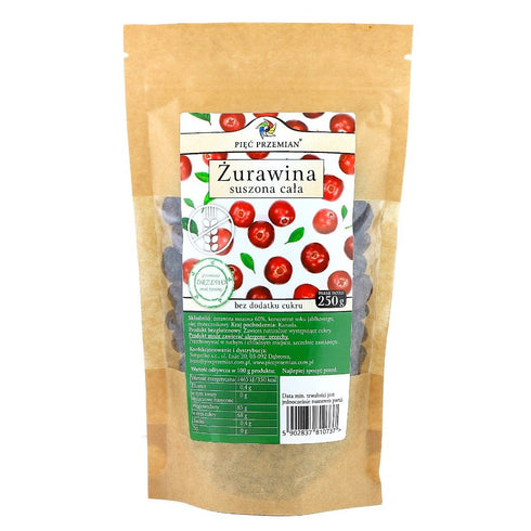 Żurawina cała suszona słodzona sokiem jabłkowym bezglutenowa 250g PIĘĆ PRZEMIAN